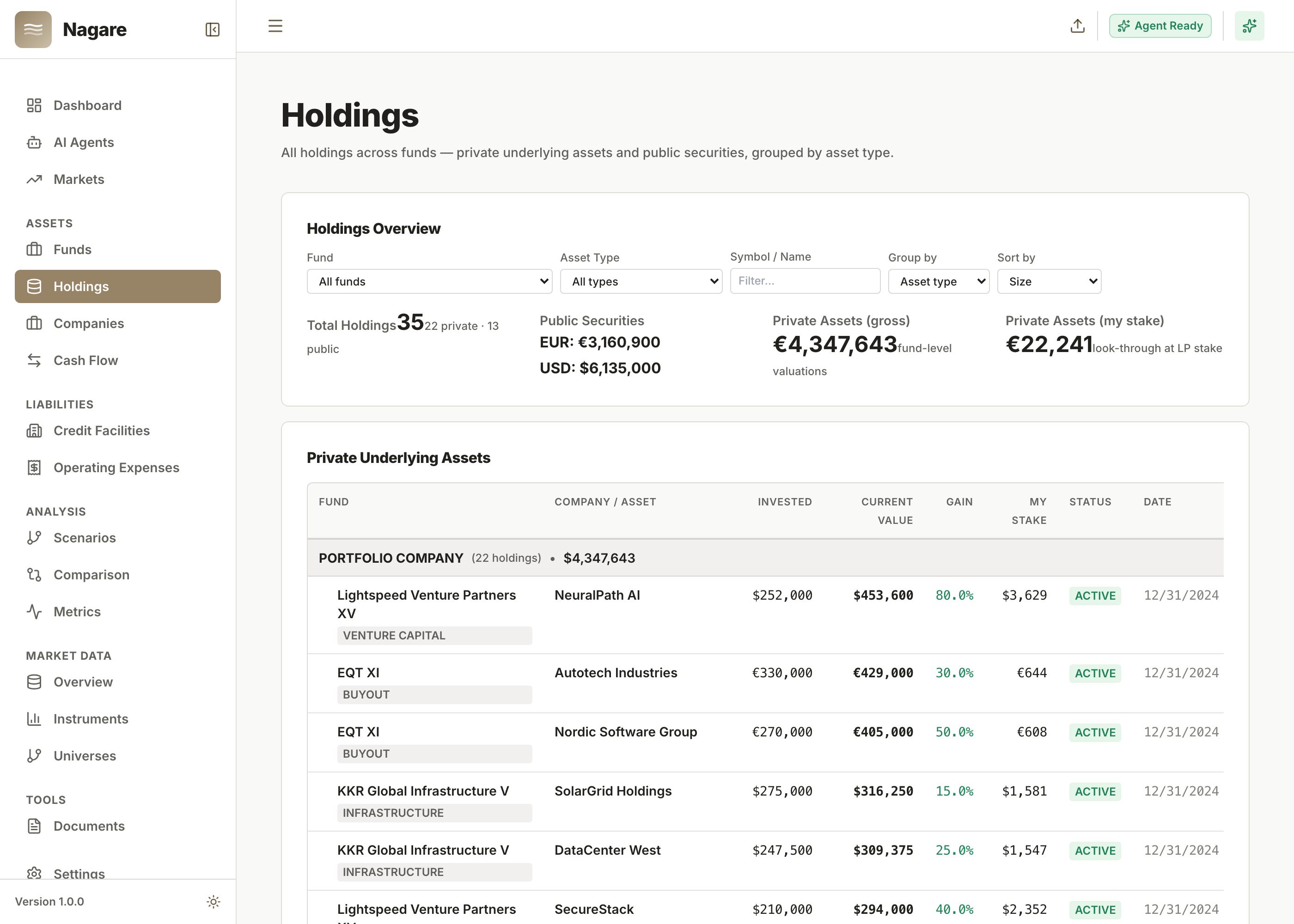 Nagare holdings view: public securities and private underlying assets grouped by type, with invested amount, current value, and gain per position